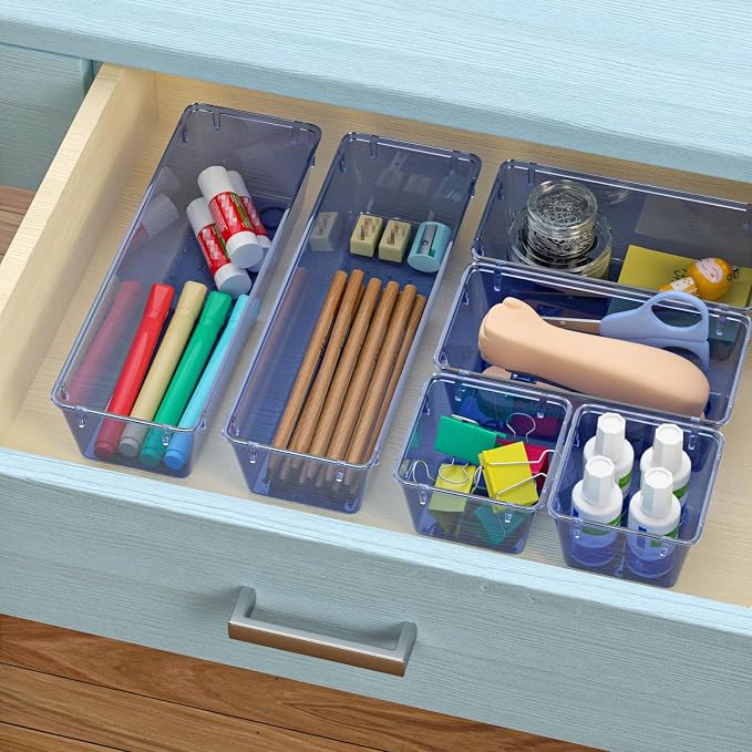 6 Pack Clear Drawer Organizer Set, Drawer Storage Trays, Storage Bins | Acrylic Drawer Storage Trays, Storage Bins for Makeup, Cosmetics, Jewelries, Utensils, Gadgets, Office