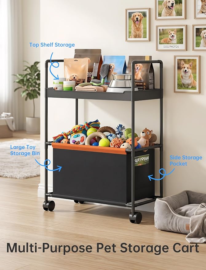NiHome 2-Tier Dog Toy Basket Storage Cart, Dog Toy Rolling Organizer, Black | Pet Toy Storage Rack, Top Shelf, Oxford Fabric Basket, Metal Frame with 4 Swivel Casters, for Dog Toys, Treats, and Supplies