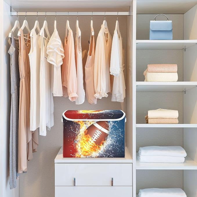Fabric Storage Bins with Lid Football Fire Water Closet Storage Basket 40L | Decorative Storage Boxes, Dust-Proof Flip Top, Reinforced Handles, For Home & Bedroom, Clothes & Toy Box, Oxford Fabric Print