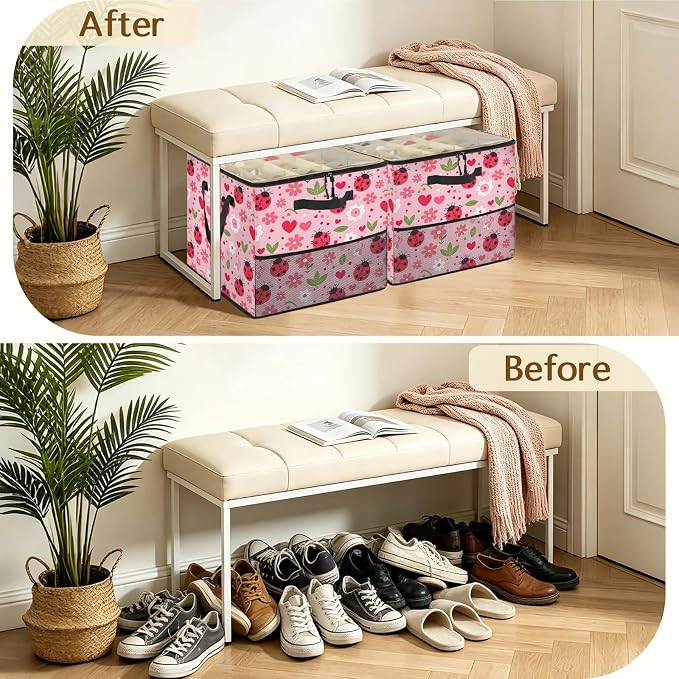 TropicalLife Floral Ladybugs Shoe Organizer for Closet | Foldable Shoe Storage Box Bin 16-32 Pair Shoe Storage for Sneakers, Boots & Heels with Adjustable Dividers, Clear Cover