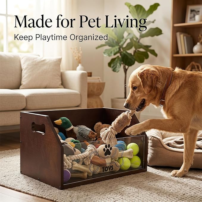 Pethiy Dog Toy Box,Wooden Pet Toy Storage Box, Pet Toy Organizer Basket | Toy bin for dogs large Dog Toy organizer pet toy storage for Collars and Pet Supplies,Living Room