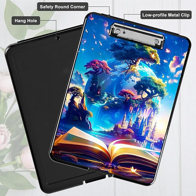 Book Trees A4 Clipboard with Storage Pen Holder, Clipboards Organizer Nursing Clipboard Foldable File Folder Plastic Clipboard Folio Clip Board for Office Students Classroom Doctor