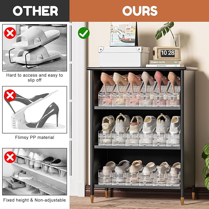 Shoe Stacker, Shoe Slot Organizer for Closet, Shoe Storage Rack | 20 Pack, Clear, 50% Space Saver, 3 Adjustable Height, Tool-Free Assembly, 30% Thicker, Superior Load Bearing