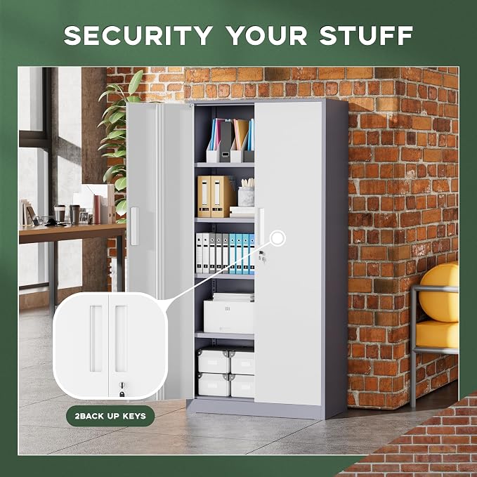 Greenvelly Metal Storage Cabinet, 72" Locking Metal Garage Storage Cabinet with Doors and 4 Adjustable Shelves, Lockable Steel Cabinet for Home Office, Garage, Shop, School (White Grey 32" W x 16" D)