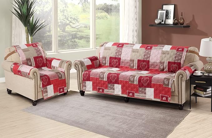 Brilliant Sunshine Burgundy Heart Love Patchwork Couch Cover, 78" seat | Quilted Sofa Cover, Living Room & Bedroom Furniture Protector, Extra Large Washable Slipcover for Pets, Dogs & Cats