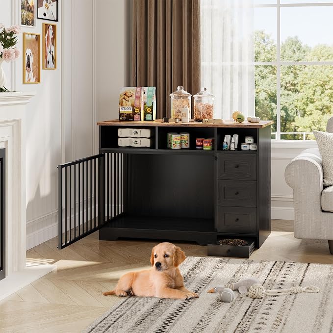 GarveeLife 48'' Dog Crate Furniture with Bowl, Medium Dog Cage, Black | Farmhouse Heavy Duty Dog Kennel with Storage Drawers, End Table for Small Medium Dogs