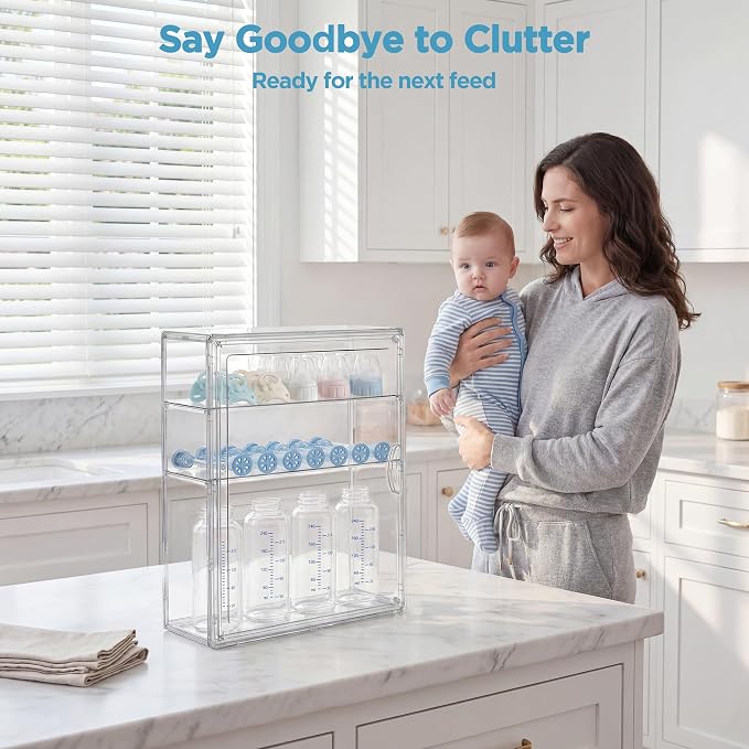 HBlife Baby Bottle Storage Organizer for Wall Countertop Cabinet, 3 Tiers Adjustable Clear Acrylic Bottles Storage Station Case Box Container with 2 Removable Dividers and Magnetic Door, Small