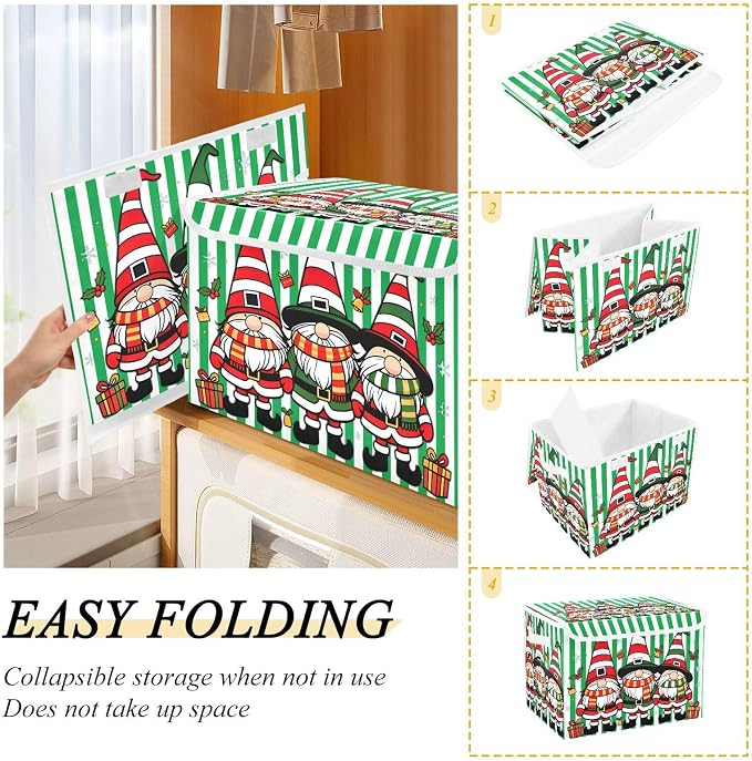 Christmas Stripe Fabric Storage Bins with Lid Closet Storage Basket 40L | Decorative Storage Boxes, Foldable & Stackable, Dust-Proof Flip Top, Reinforced Handles, For Home & Dorm, Clothes & Toy Box