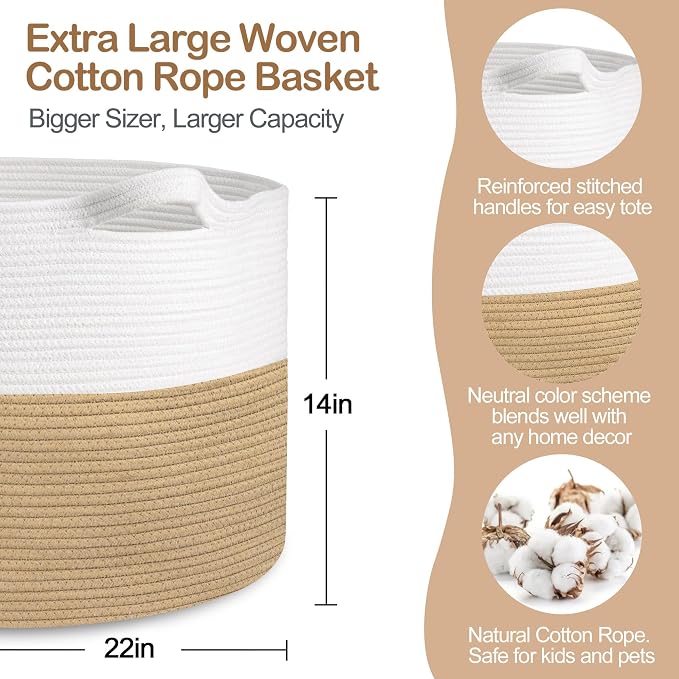 MEGASKET Extra Large Storage Basket, 22” x 22” x 14” Cotton Rope Bins for Storage, Wicker Baby Laundry Basket, Kids, Woven Kids Toy Bin Box, Decorative Baskets for Organizing Clothes, Towels, Blankets