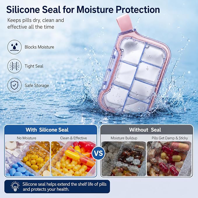 Small Pill Case with Handle, Travel Pill Organizer, Pocket Medicine Box | 7 Compartments Compact Pill Box for Fish Oil Vitamins Supplements Daily Medications, Purse Backpack Office
