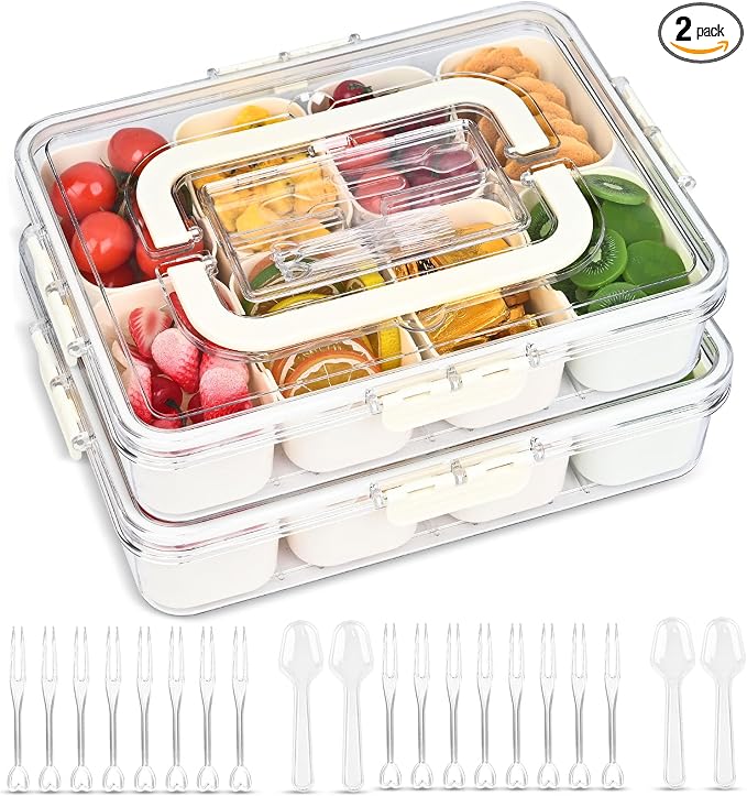 Linn'sCollection (2Pcs) Divided Serving Tray with Lid, Snackle Box Container with Cutlery Storage, 8 Fruit Forks, 2 Spoons, Fruit Tray, Portable Snack Organizer, 8 Compartments Snack Tray With Lid