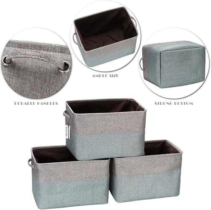 Sea Team Large Rectangle Canvas Open-Top Storage Baskets, 3-Pack | Collapsible Fabric Storage Bins with Handles, Closet Shelf Organizers, 15 x 10 x 10 Inches, Stone Blue & Gray