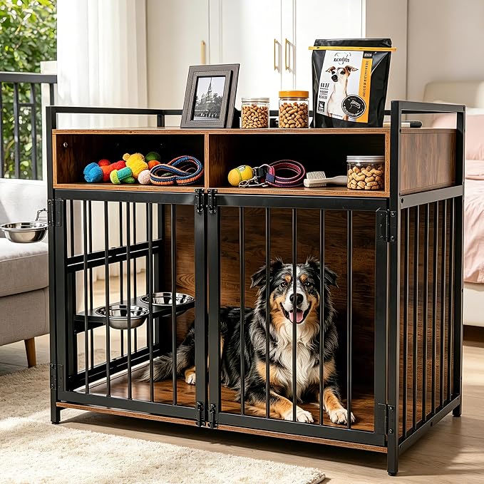 Large Dog Crate Furniture - 48" Vintage Brown Wooden Kennel for Big Dogs, Heavy Duty Chew-Proof Cage with 360° & Adjustable Raised Feeder, Dual Use as End Table or TV Stand