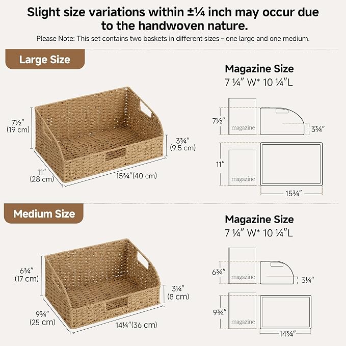 StorageWorks Pantry Baskets for Organizing,Wicker Basket for Storage,2-Pack | Paper Rope Wicker Storage Baskets for Shelves with Handles, Pantry Organizers and Storage, Shelf Baskets for Organizing