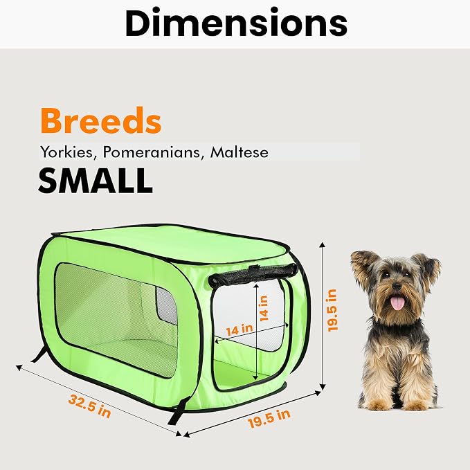 Portable Collapsible Pop Up Kennel, 32.5" L x 19.5" W x 19.5" H, Green | Collapsible indoor/outdoor travel cat and dog crate with mesh screen windows pops up and folds flat for easy storage