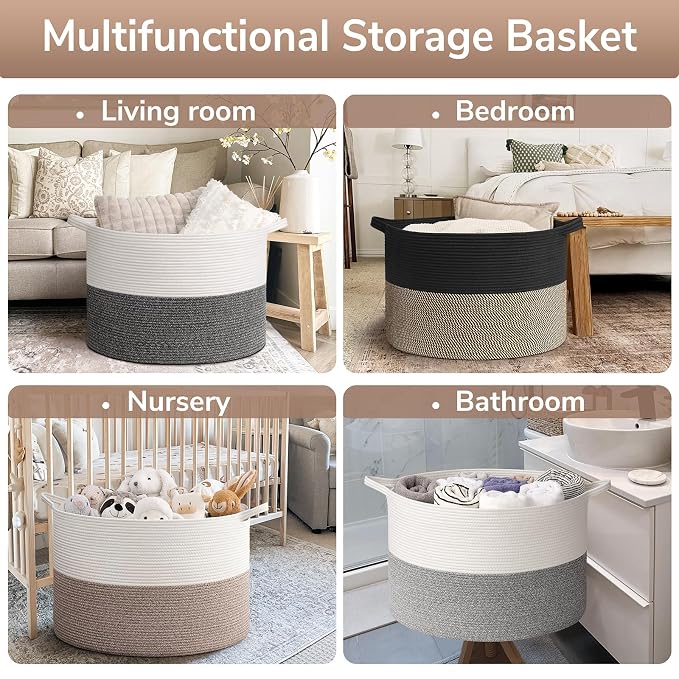 Goodpick 115L Extra Large Storage Basket for Blankets Toys for Nusery Room | 23.5 x 23.5 x 15.8 In Woven Basket for Storage, Kids Toy Storage for Playroom, Laundry Basket for Towels, Black & Mix Jute