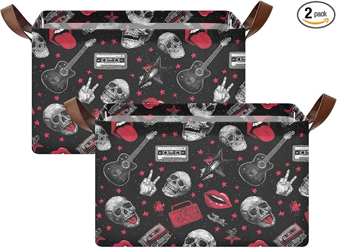 Music Rock and Roll Skulls Storage Basket Foldable Cube Storage Bins with Handles&Label Waterproof Collapsible Organizer Box Bin Large Rectangle Decorative Baskets for Shelves Home Room Laundry-2 PC