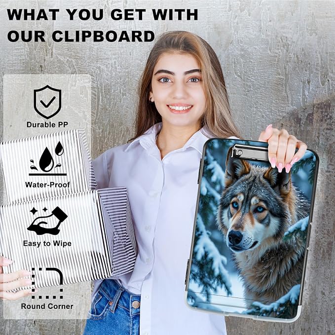 A4 Clipboard with Storage Pen Holder, Clipboards Organizer Nursing Clipboard Foldable File Folder Plastic Clipboard Folio Clip Board for Office Work Classroom Doctor, Snow Forest Wolf