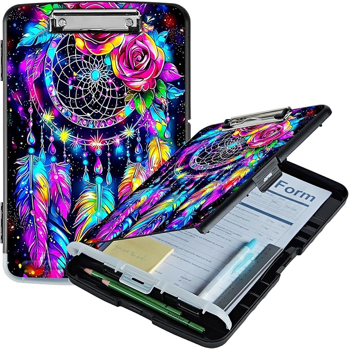 Artistic Dreamcatcher A4 Clipboard with Storage Pen Holder, Clipboards Organizer Nursing Clipboard Foldable File Folder Plastic Clipboard Folio Clip Board for Office Students Classroom