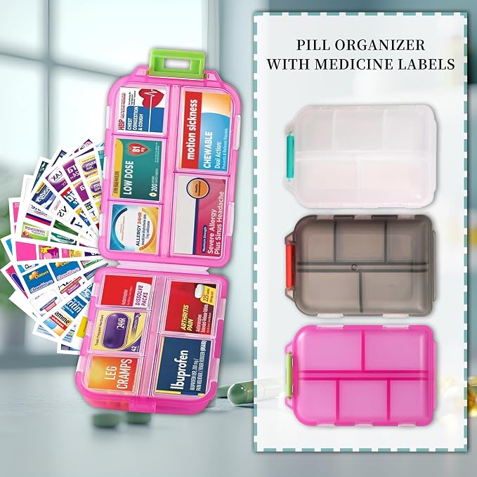 3 Pack Pill Organizers with Medicine Labels, Pink White Grey | 3 compact pill cases with 3x161 medicine labels for 7-day planning, vitamins, travel, family use, and separate routines