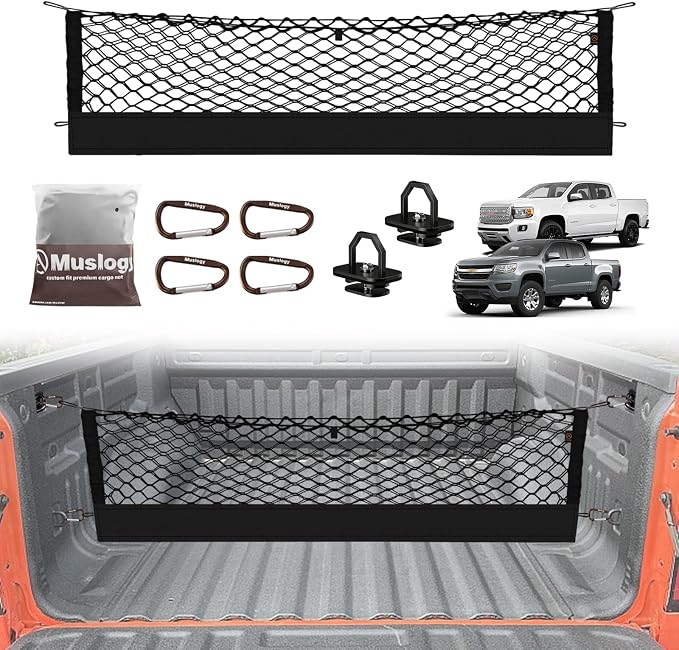 Muslogy Cargo Net for 2015-2022 Chevy Colorado & GMC Canyon Accessories | Custom Fit, Truck Bed Storage Organizer Net for Pickup Truck Bed Divider, Heavy Duty Carabiners, Night Visible Grab Handle