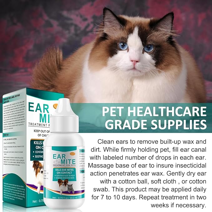 Ear Drops for Dogs & Cats - Cat Ear Treatment with Aloe Vera, Soothes Itching, Vet-Recommended Formula for Pets Ear Cleaning, Fast-Acting
