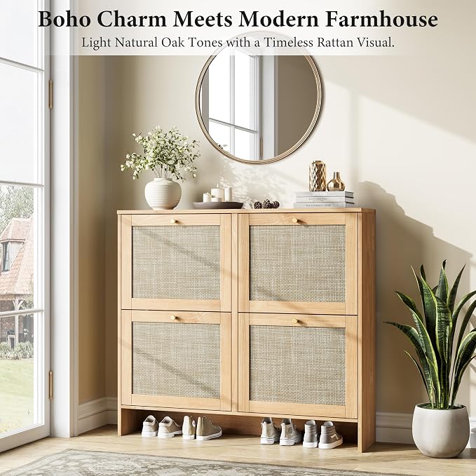 Modern Rattan Shoe Cabinet, 4 Flip Drawers & Adjustable Shelves, Ultra Slim Freestanding (9.5” Deep), Holds 24+ Pairs, Narrow Shoe Storage Cabinet with Anti-Tip Safety,Sun-Drenched Ambe