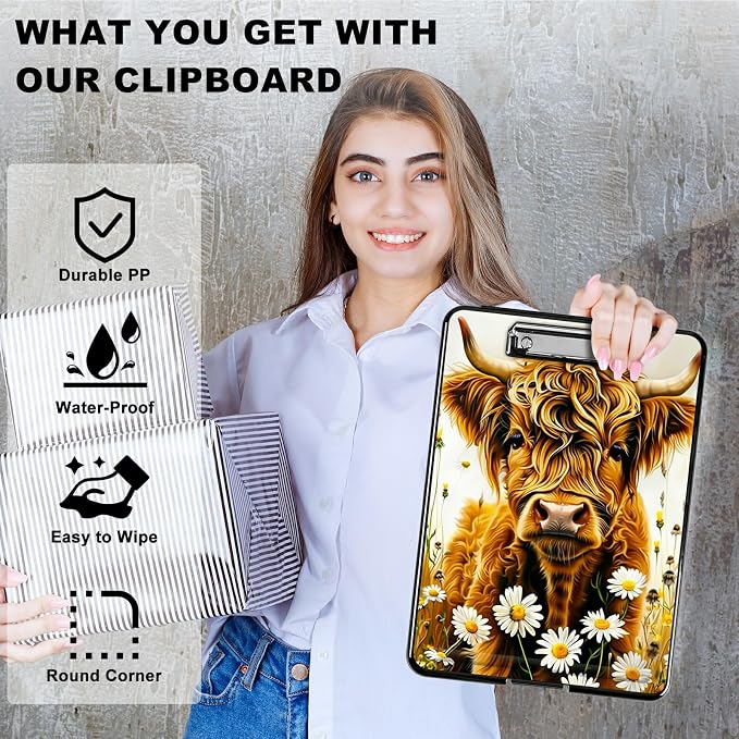 Flower Yellow Cow A4 Clipboard with Storage Pen Holder, Clipboards Organizer Nursing Clipboard Foldable File Folder Plastic Clipboard Folio Clip Board for Office Students Classroom Doctor