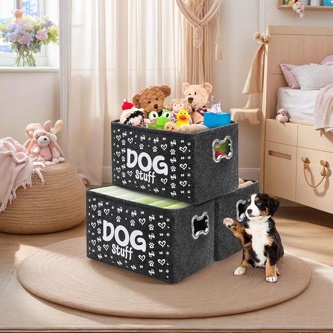WRINGKIT 3 Pack Dog Toy Bin Basket, Large, Collapsible | Pet Puppy Storage Bin Box with Handles, Felt Storage Bin Basket for Dog Toys, Blankets, Pet Supplies Storage, Dog Room Decor