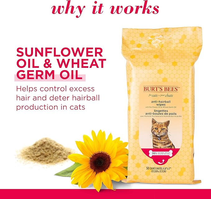 Burt's Bees for Pets Anti-Hairball Wipes for Cats, Sunflower Oil and Wheat Germ Oil, 98% Natural Origin, Cruelty-Free Cat Hairball Remedy Wipes, pH Balanced, Made in the USA, 50 Count