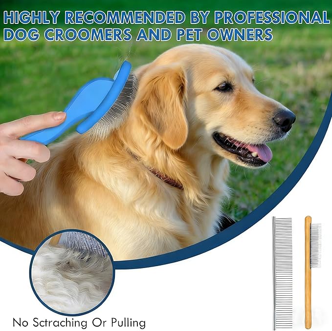 Slicker Brush for Dogs, Large Long Pin Dog Grooming Brush for Doodles Goldendoodles Poodles Labradoodle Bernedoodles, 3 Pcs Wooden Handle for Mats Tangles - Blue