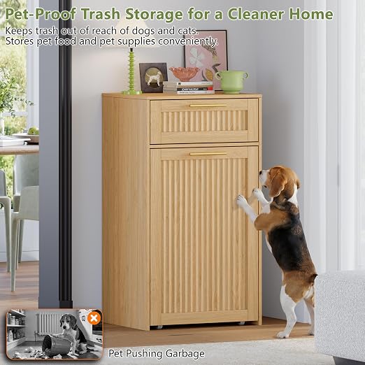 Single 13 Gallon Pull Out Trash Can Cabinet with Drawer, Garbage Cabinet | Pet Proof Hidden Trash Storage, Fluted Farmhouse Design, Space-Saving Kitchen Organizer, Dining Room Storage,Natural Oak