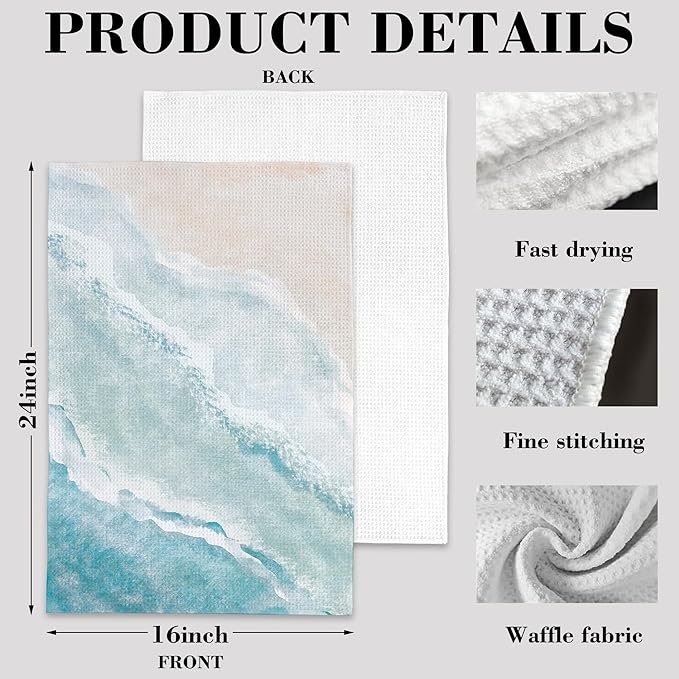 Boho Sea Beach with Waves Hand Towels,Set of 2 Absorbent Bath Towel Kitchen Dish Towel Home Gym Hotel Bathroom Decor,16x24 Inches
