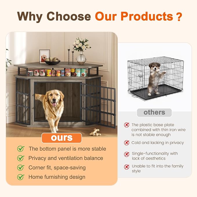 51" Corner Dog Crate Furniture Large Wooden Dog Kennel Indoor Dog House | With 2-Tier Shelves, Large Storage Space, Space-Saving Design, Multi-functional Pet House, Sturdy & Secure, Easy Assembly