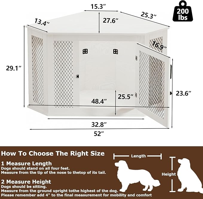 52" Corner Dog Crate Furniture, Wooden Dog Kennel Indoor | Corner Dog Kennel Furniture for Medium-Large Dogs, White Space-Saving Decorative Indoor Pet House with Mesh Door & Lock