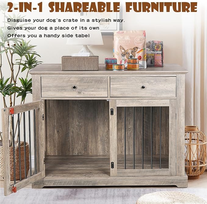 LEMBERI 44-inch Wooden Dog Crate with 2 Storage Drawers, End Table, Grey | Indoor wooden dog kennel with decorative finish. Also use as pet cage, dog house, or side table. Sturdy for large breeds