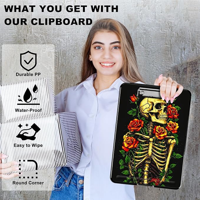 Skull Red Rose A4 Clipboard with Storage Pen Holder, Clipboards Organizer Nursing Clipboard Foldable File Folder Plastic Clipboard Folio Clip Board for Office Students Classroom Doctor
