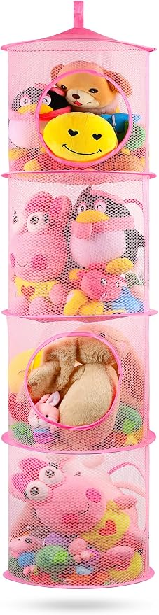 Hanging Stuffed Animal Storage Hammock Net 4 Tiers, Pink | Hanging Mesh Storage Organizer for Kids Room, Holds Plushies, Gloves, Hats, Socks, Foldable Space-saving Design