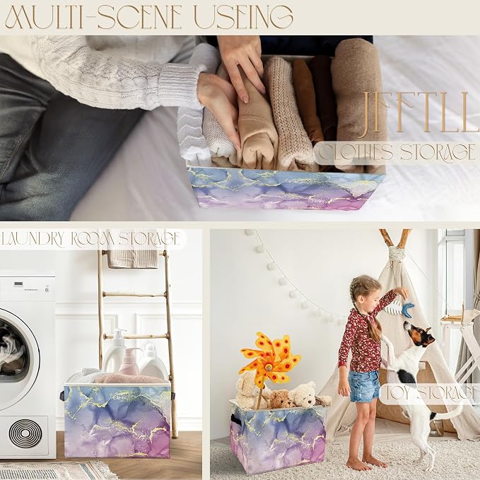 Blue Purple Marble Storage Bins with Handles, Abstract Modern Glitter Marble Texture Collapsible Laundry Basket Storage Box for Home Bedroom Bathroom Clothes Toys Books
