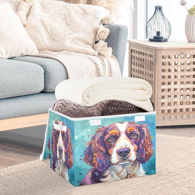 Pet Animal Painting Storage Bins with Lids Closet Bedroom 40L Fabric Bin | Decorative Storage Boxes, Foldable & Stackable, Dust-Proof Flip Top, Reinforced Handles, For Home & Dorm, Clothes & Toy Box