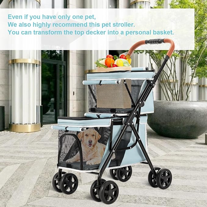 Double Pet Stroller for 2 Dogs & Cats, Double-Decker, Blue | One-Hand Fold Two-Tier Stroller with Separate Cabins, 44 lb Capacity, 4 Tethers, Locking Front Wheels and Rear Brakes