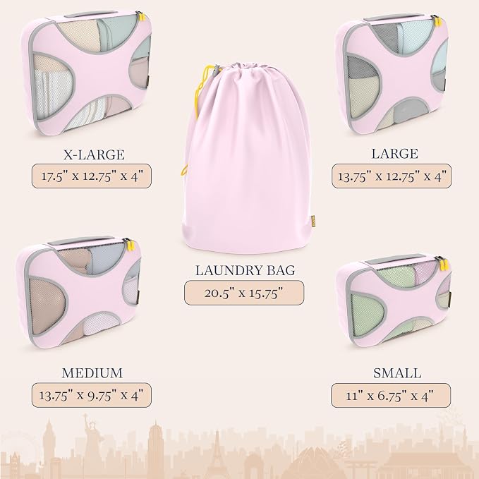 Shacke 5 Set Packing Cubes for Travel with Laundry Bag (Petal Pink) | Suitcase Organizer Bags Set: 4 Water-Resistant Luggage Cubes, XL to Small, + Laundry Bag for Carry-On or Checked