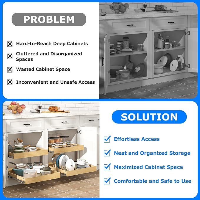 WelFurGeer 2-Tier Pull Out Cabinet Organizer with Soft Close Slides, Heavy-Duty Pull Out Drawers for Cabinets, Slide Out Shelf for Kitchen, Bathroom, Pantry & Under Sink, Solid Birch Wood