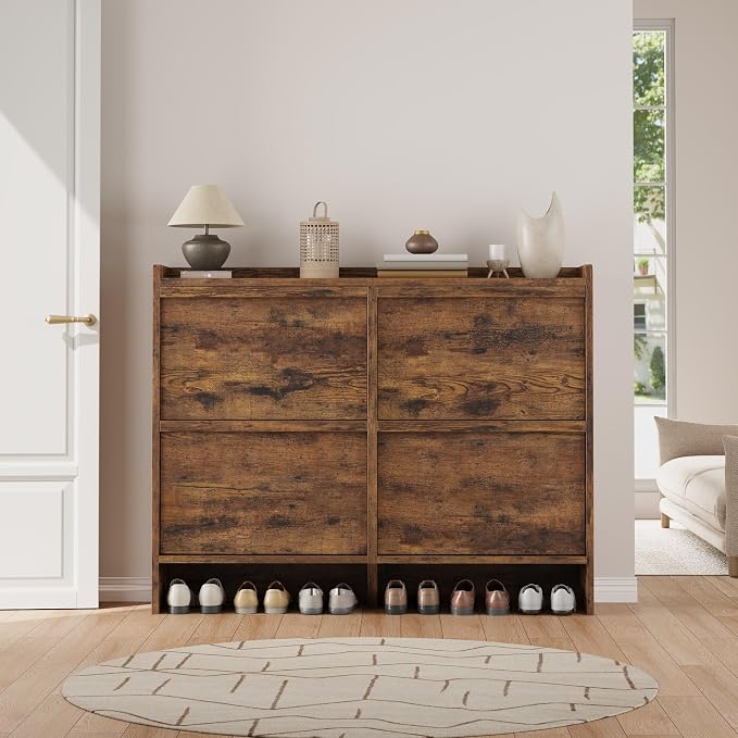 GarveeHome Shoe Cabinet with 4 Flip Drawers, Wooden Shoe Organizer Cabinet with Adjustable Shelf, Shoe Storage for Entryway, Hidden Shoe Cabinet for Hallway, Living Room, Rustic Brown