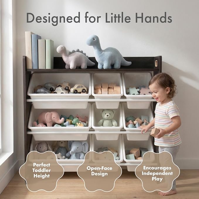 Humble Crew Kids Toy Organizer with Display Shelf, 9 Bins, 3 Tier Storage | Sturdy wood and steel toddler shelf, removable BPA-free containers, wall anchor anti-tip safety kit for bedroom or classroom