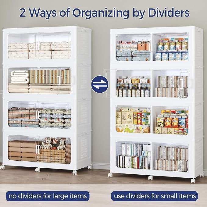 200Gal Stackable Storage Bins with Lid 5-Tier Collapsible Cabinet Closet Organizer Box with Wheels, 8000QT Large Plastic Drawer Container with Doors for Clothes Kitchen Organizing, White