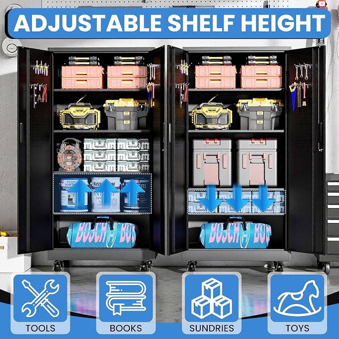 Metal Storage Cabinet for Garage, Tool Cabinet, Utility Cabinet | with Wheels, Tall Tool Cabinet, Lockable, 2 Doors, 4 Adjustable Shelves, Pegboard, Assembly Required, Black
