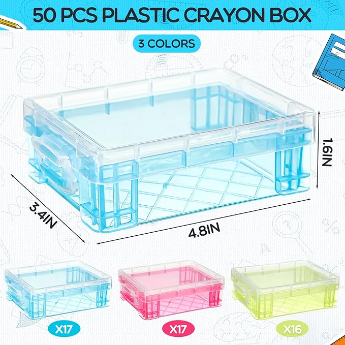 Suzile 50 Pcs Plastic Crayon Box with Lid 4.8 x 3.4 x 1.6, Red, Green, Blue | Small Crayon Storage Containers Bulk, for Office School Classroom, Art Crafts Pen Pencil Organizers, Back to School Supplies