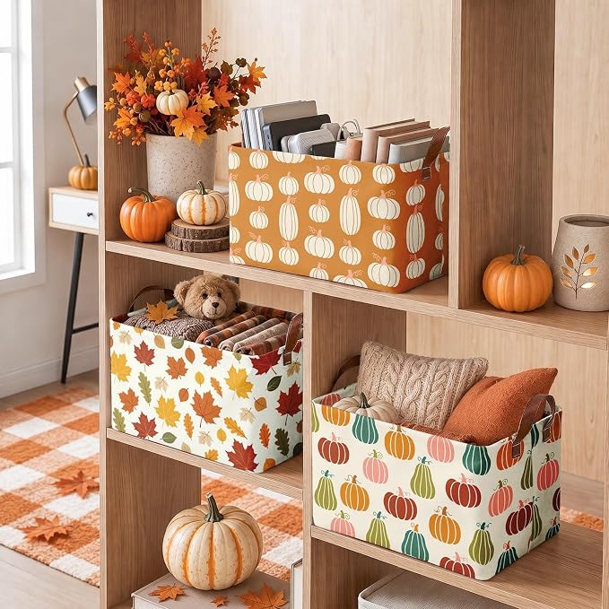 Britimes Fall Pumpkin Storage Baskets for Gift, Toy Storage Bins Box, 3Pcs | Autumn Harvest Canvas Collapsible Baskets Organizer with Handles Fall Nursery Decor Laundry Basket for Shelves Closet