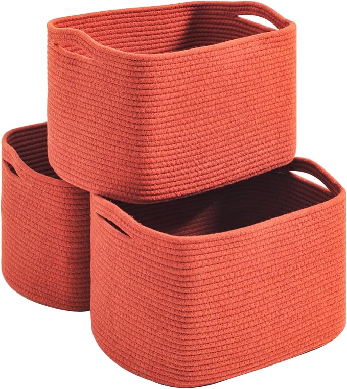 Storage Baskets for Organizing Shelves, Woven Cotton Rope Basket for Storage, Dog Toy Baskets Storage Kids, Cute Shelf Basket for Living Room Bedroom, 14.8"×11"×9.5", Pack of 3, Brick Red